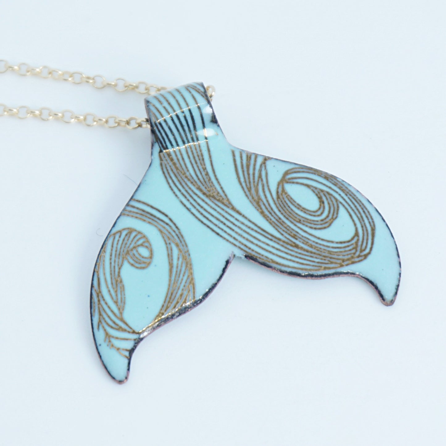 Gold Swirl on Seafoam Green Enamel Whale/Mermaid Tail Necklace