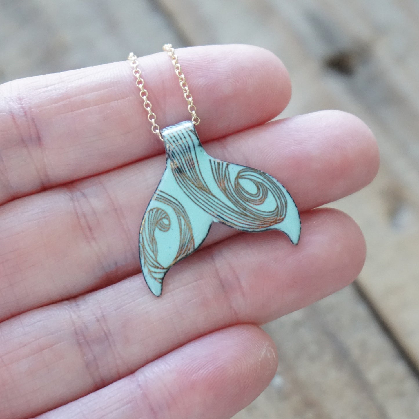 Gold Swirl on Seafoam Green Enamel Whale/Mermaid Tail Necklace