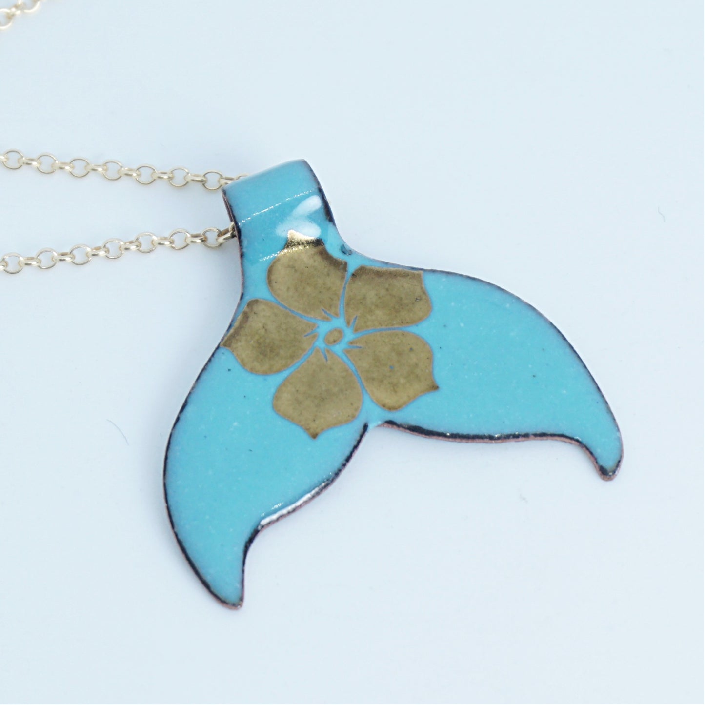 Gold Flower on Light Teal Green Enamel Whale/Mermaid Tail Necklace