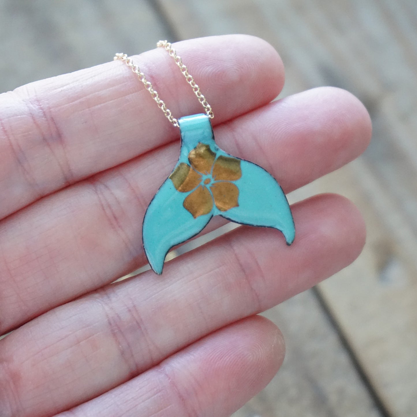 Gold Flower on Light Teal Green Enamel Whale/Mermaid Tail Necklace