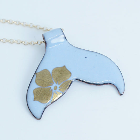 Gold Flower on Light Periwinkle Enamel Whale/Mermaid Tail Necklace