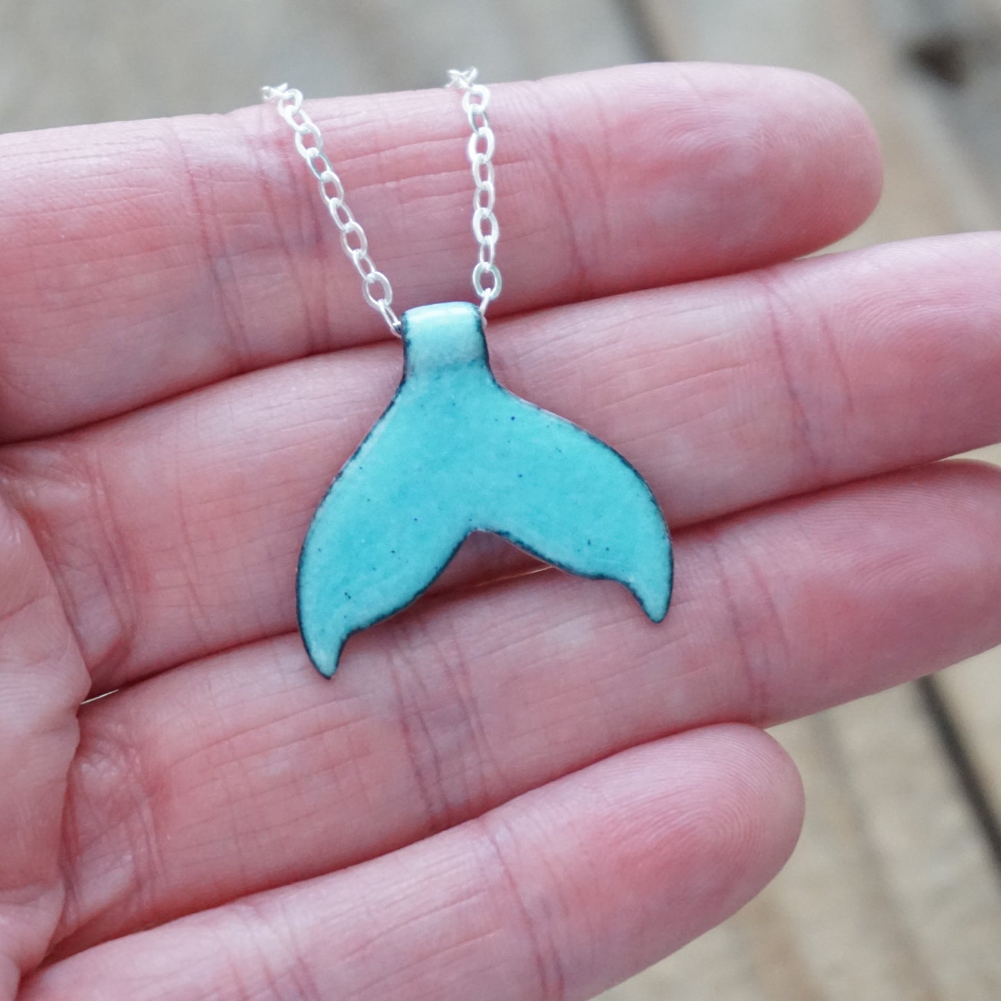 Aqua Blue Enamel Whale/Mermaid Tail Necklace