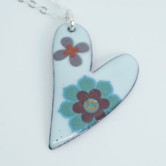 Blue Flower on Light Seafoam Green Enamel Heart Pendant