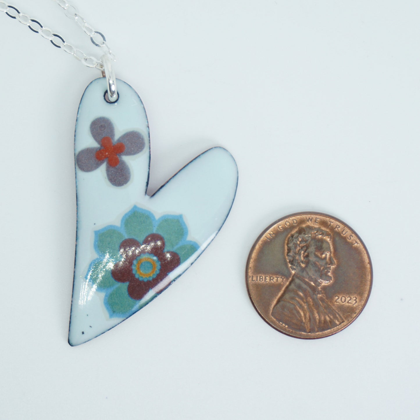 Blue Flower on Light Seafoam Green Enamel Heart Pendant