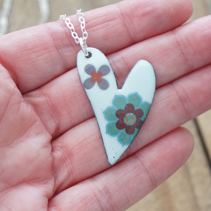 Blue Flower on Light Seafoam Green Enamel Heart Pendant