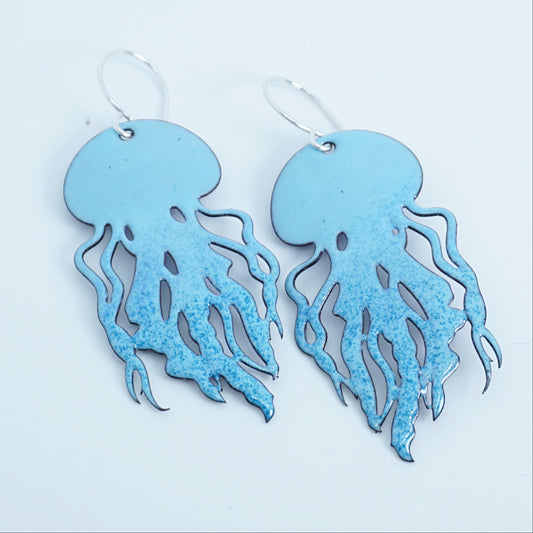 Light Blue Ombre Enamel Jellyfish Statement Earrings