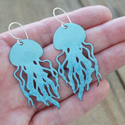 Light Blue Ombre Enamel Jellyfish Statement Earrings