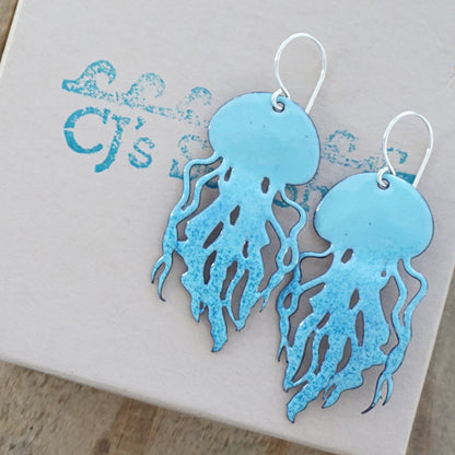 Light Blue Ombre Enamel Jellyfish Statement Earrings