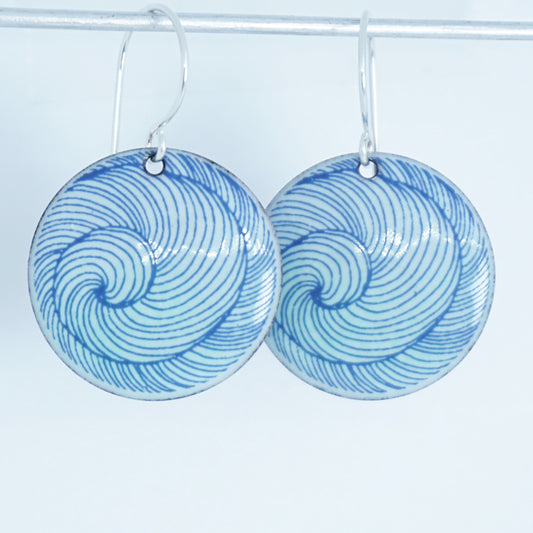 Blue Swirl Accents on Seafoam Green Enamel Disc Earrings