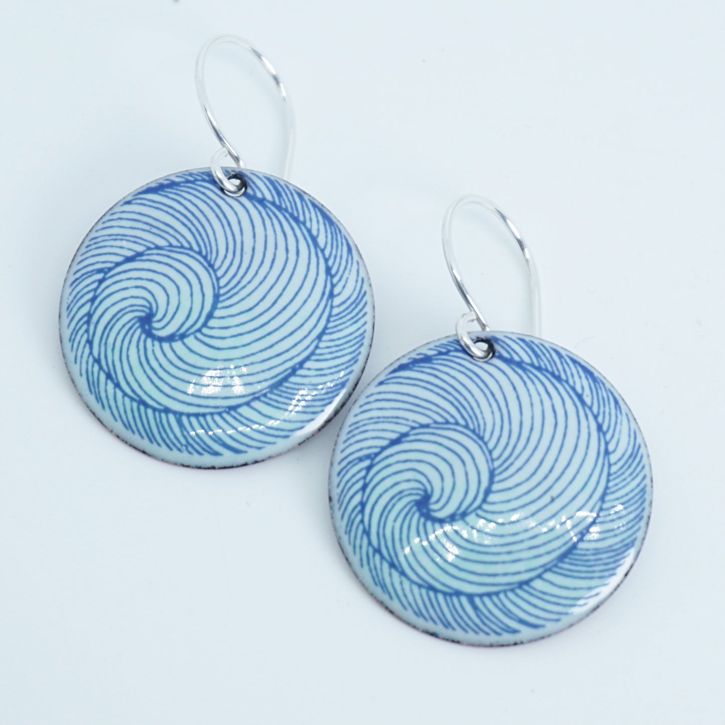 Blue Swirl Accents on Seafoam Green Enamel Disc Earrings