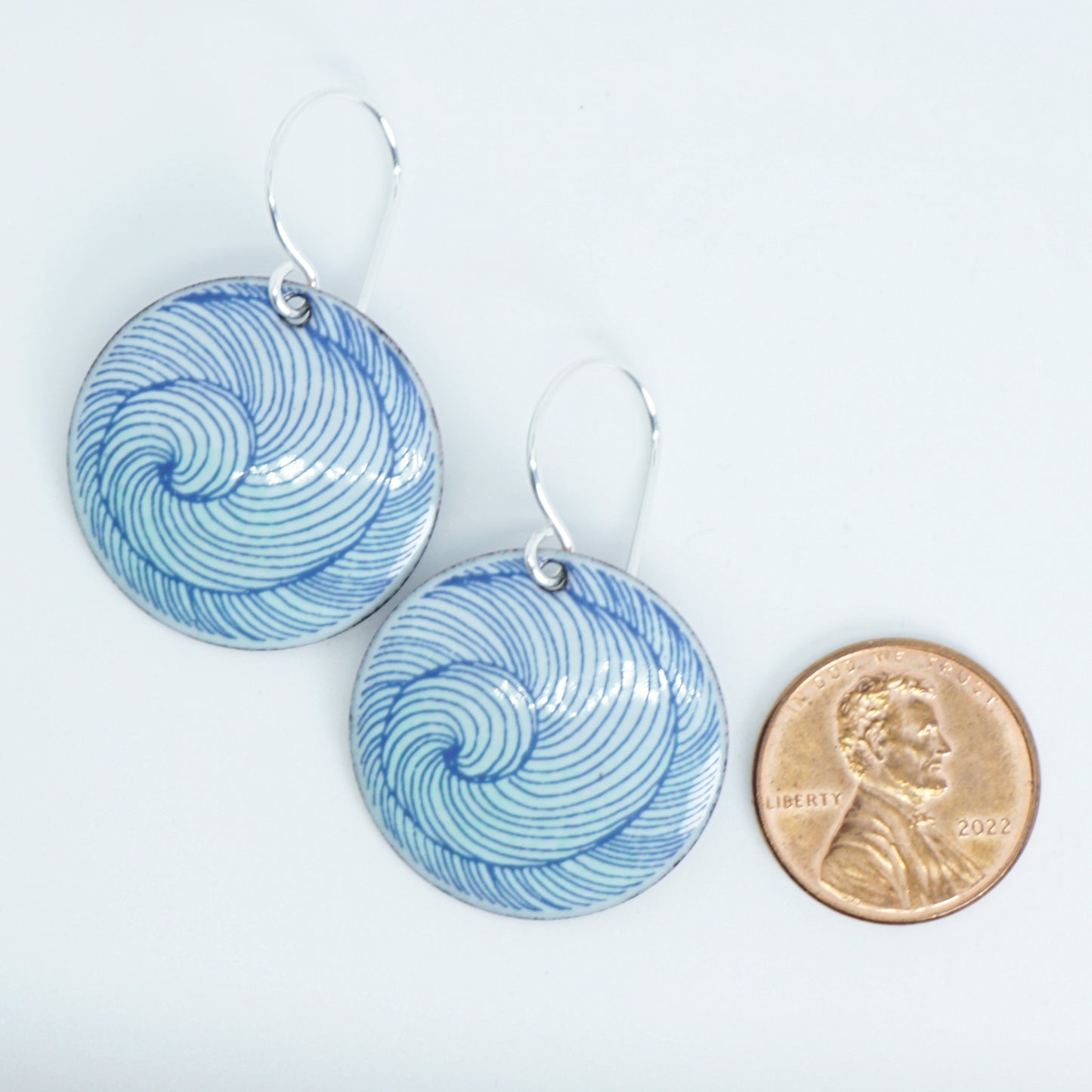 Blue Swirl Accents on Seafoam Green Enamel Disc Earrings