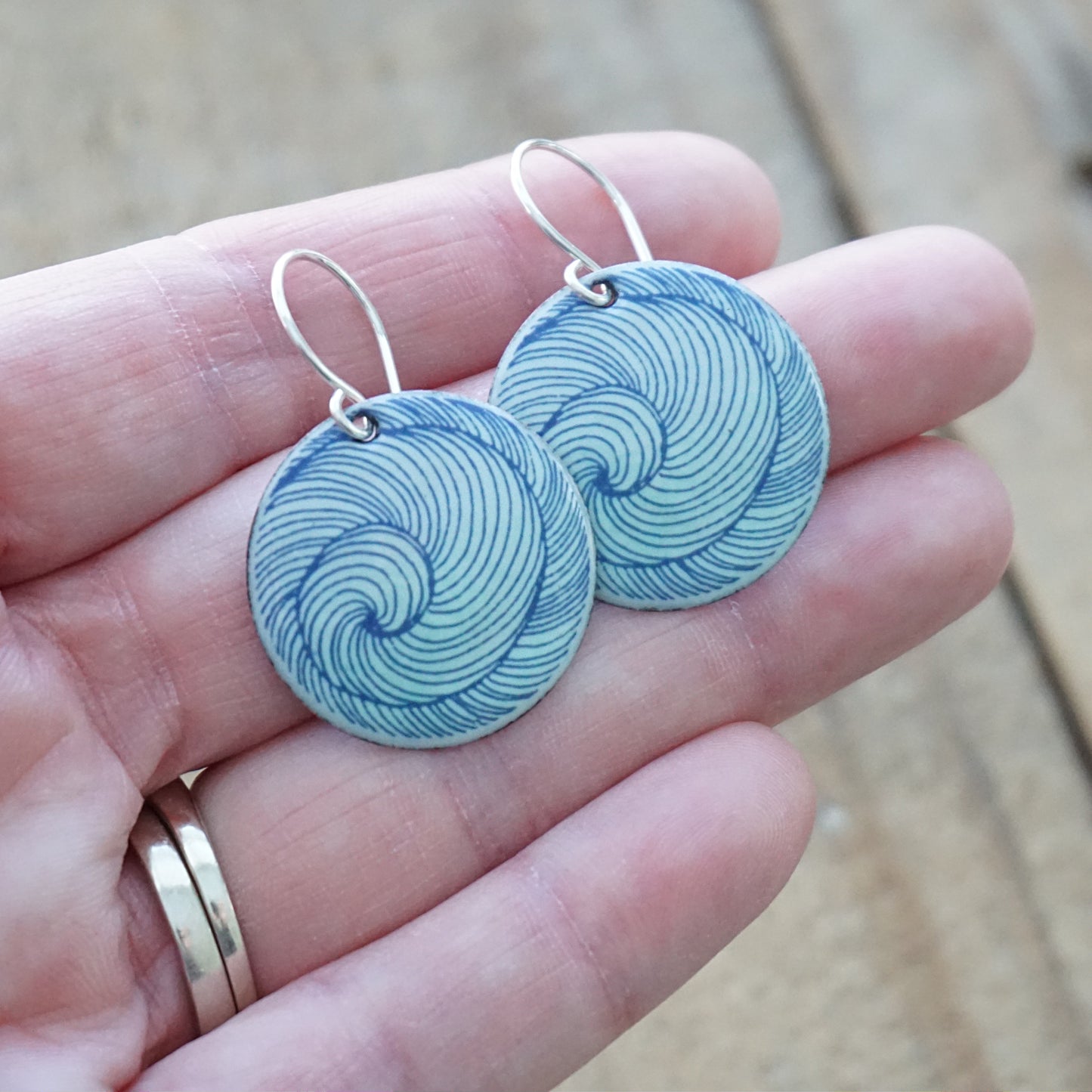 Blue Swirl Accents on Seafoam Green Enamel Disc Earrings