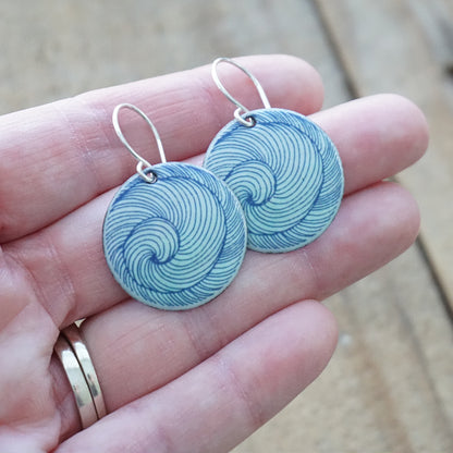 Blue Swirl Accents on Seafoam Green Enamel Disc Earrings