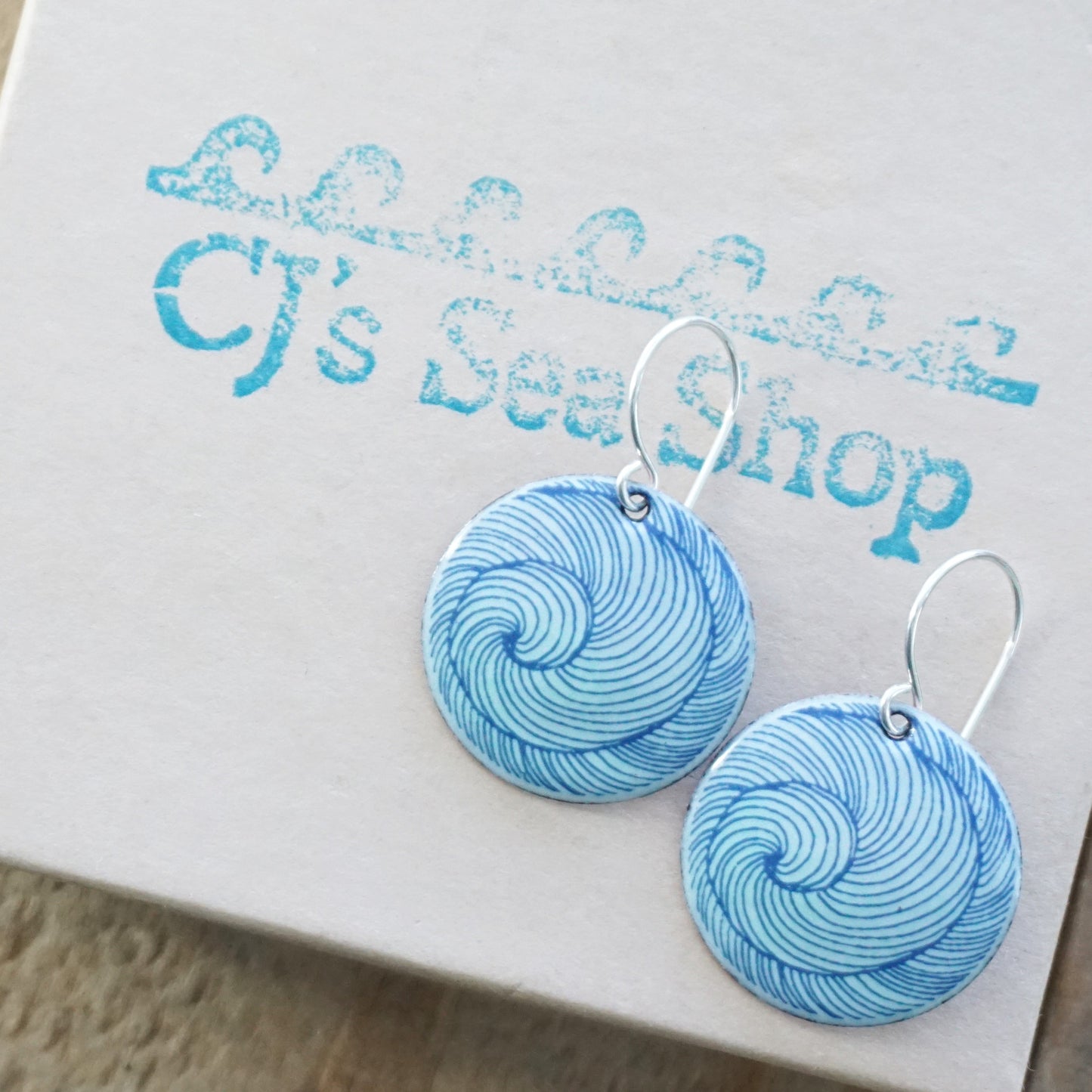 Blue Swirl Accents on Seafoam Green Enamel Disc Earrings