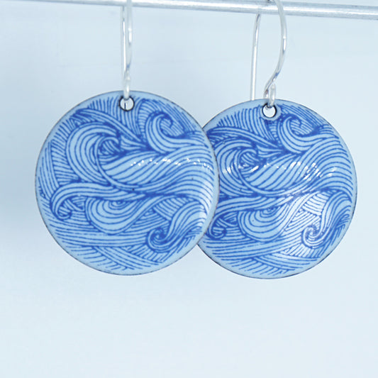 Blue Waves on Light Blue Enamel Disc Earrings