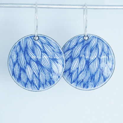 Blue Leaf Accents on White Enamel Disc Earrings