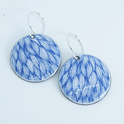 Blue Leaf Accents on White Enamel Disc Earrings