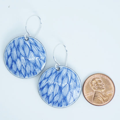 Blue Leaf Accents on White Enamel Disc Earrings