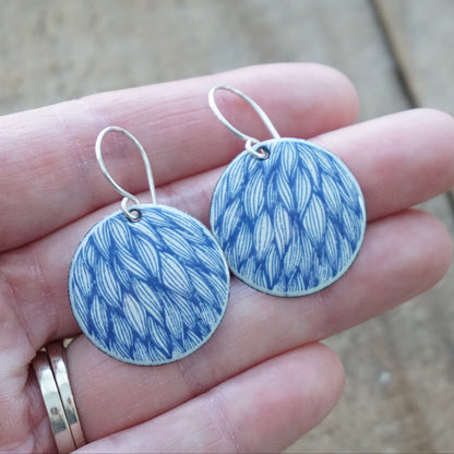Blue Leaf Accents on White Enamel Disc Earrings