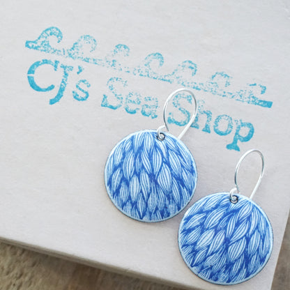 Blue Leaf Accents on White Enamel Disc Earrings