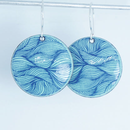 Blue Line Accents on Seafoam Green Enamel Disc Earrings