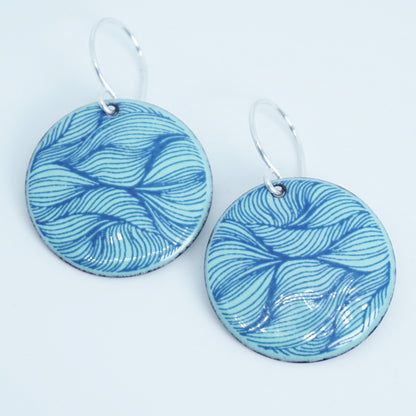 Blue Line Accents on Seafoam Green Enamel Disc Earrings