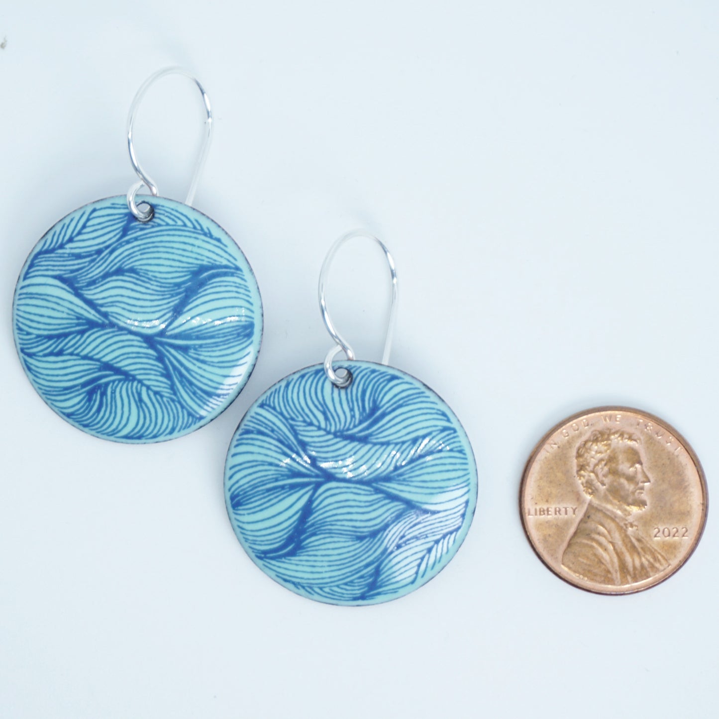 Blue Line Accents on Seafoam Green Enamel Disc Earrings