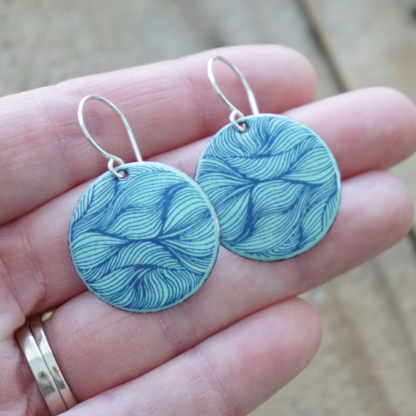 Blue Line Accents on Seafoam Green Enamel Disc Earrings