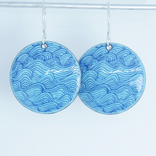 Blue Waves on Light Blue Enamel Disc Earrings