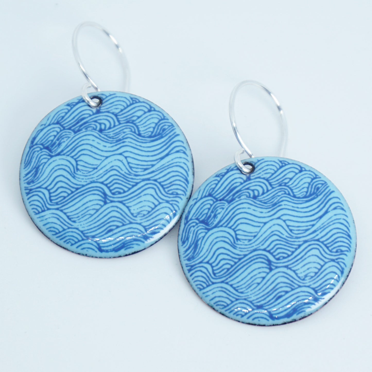 Blue Waves on Light Blue Enamel Disc Earrings