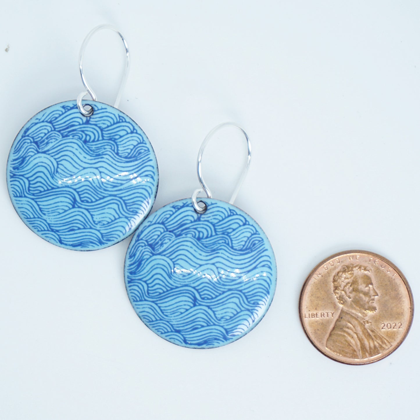 Blue Waves on Light Blue Enamel Disc Earrings