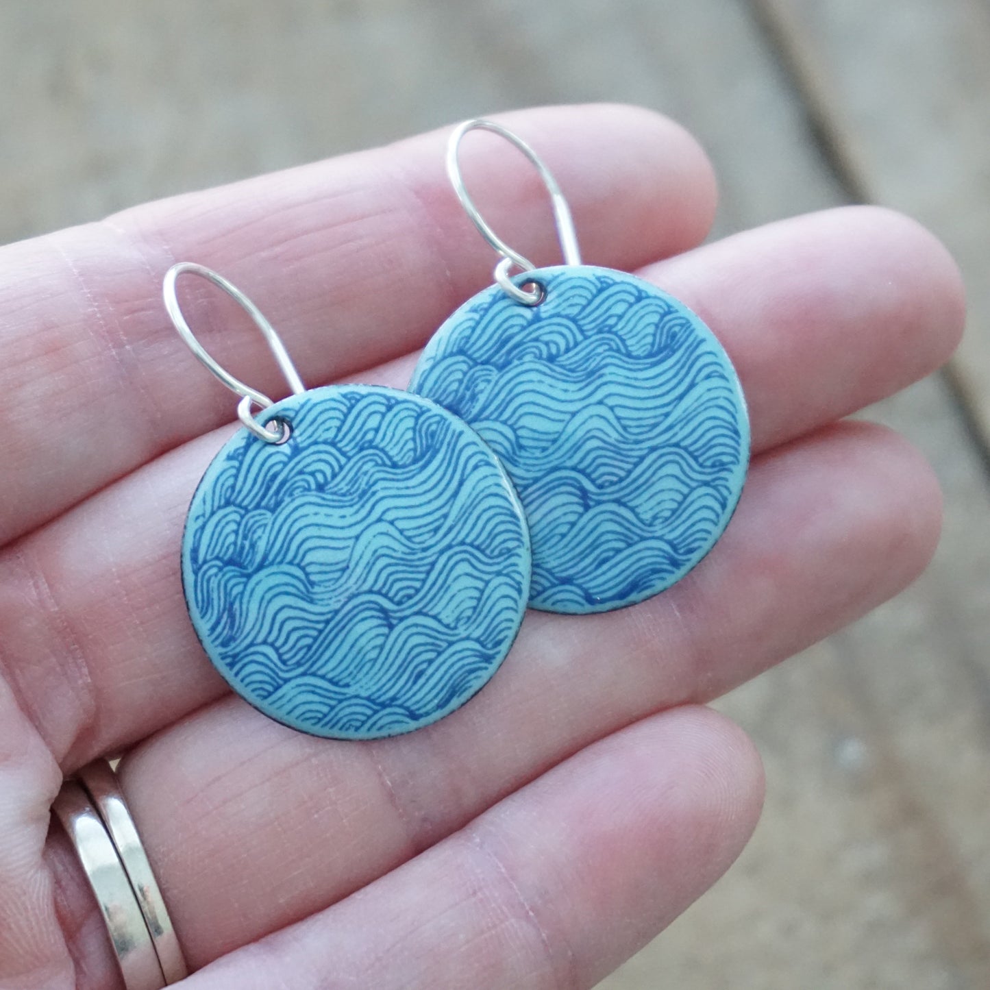 Blue Waves on Light Blue Enamel Disc Earrings