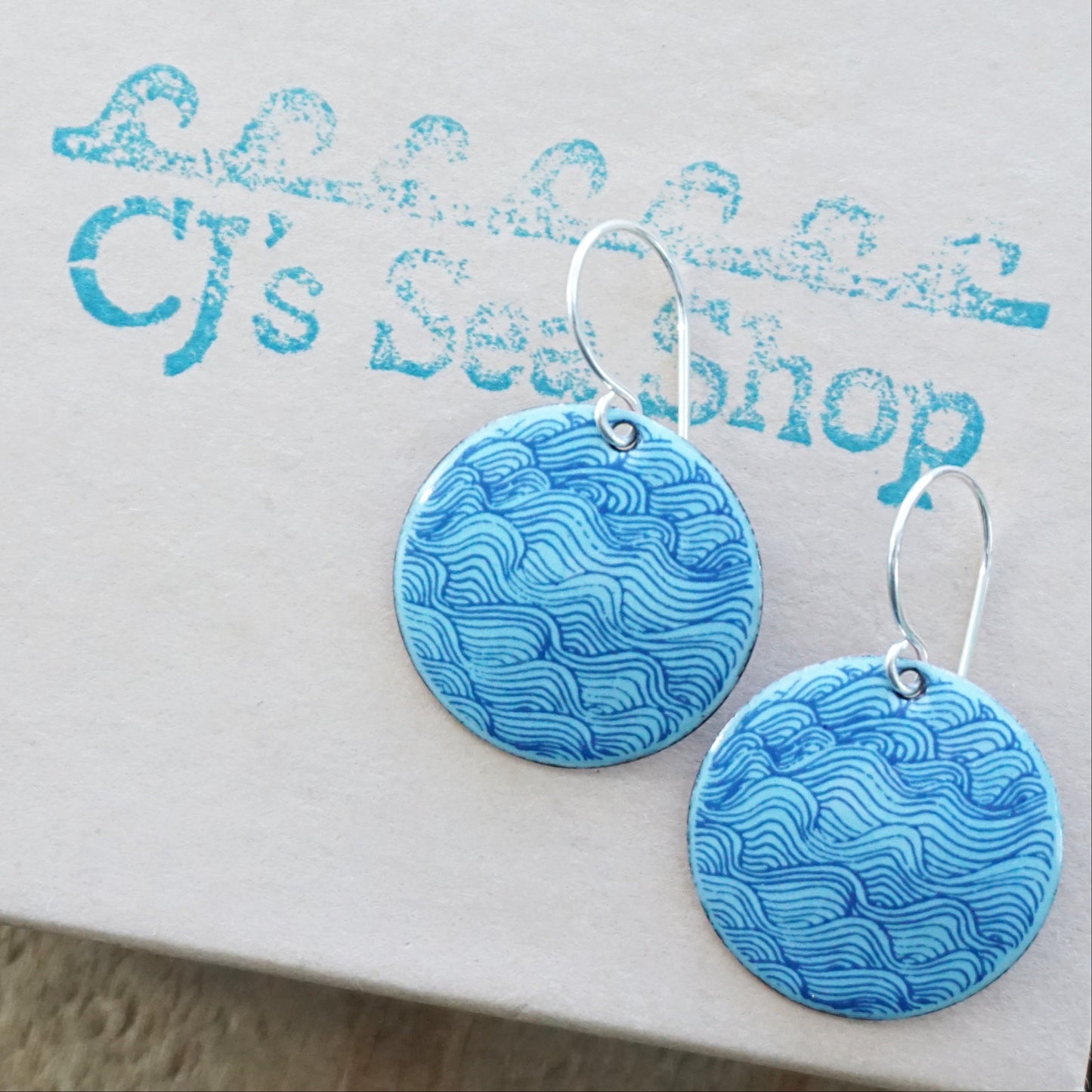 Blue Waves on Light Blue Enamel Disc Earrings