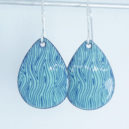 Blue Line Accents on Seafoam Green Enamel Teardrop Earrings