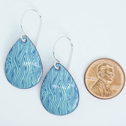 Blue Line Accents on Seafoam Green Enamel Teardrop Earrings