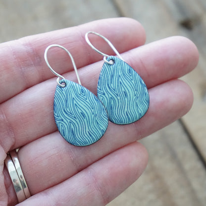Blue Line Accents on Seafoam Green Enamel Teardrop Earrings