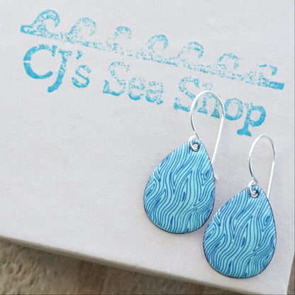 Blue Line Accents on Seafoam Green Enamel Teardrop Earrings
