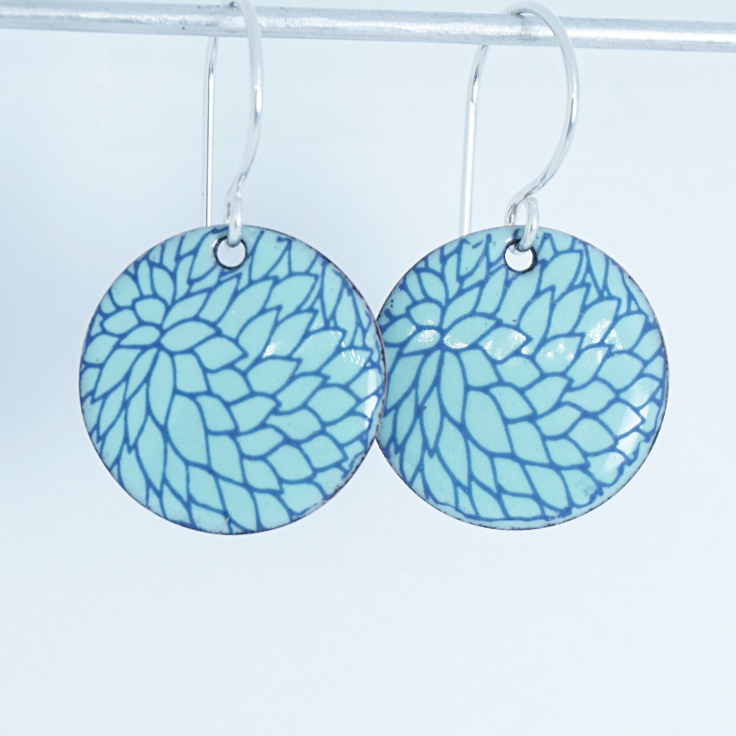 Blue Flower Accents on Seafoam Green Enamel Disc Earrings