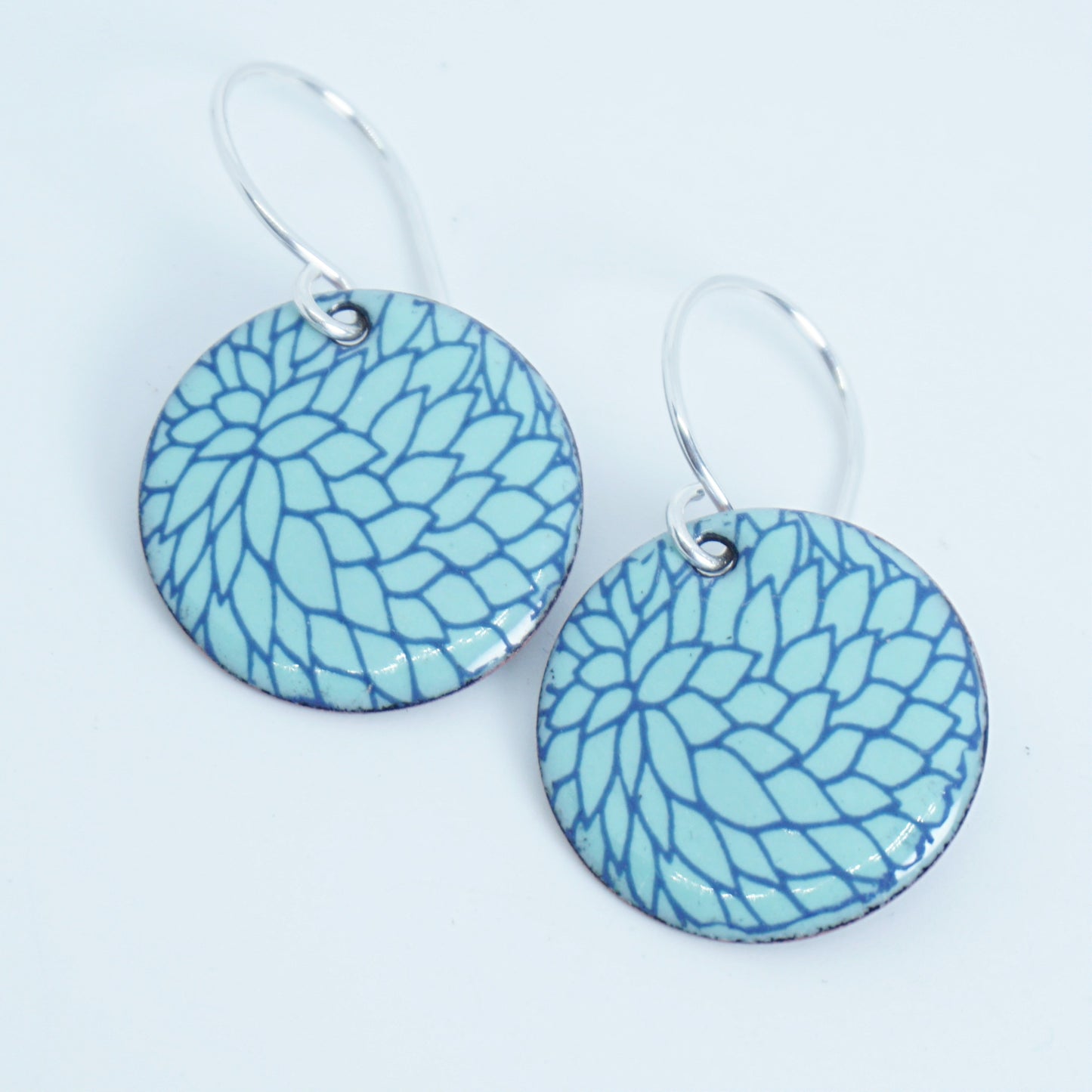 Blue Flower Accents on Seafoam Green Enamel Disc Earrings