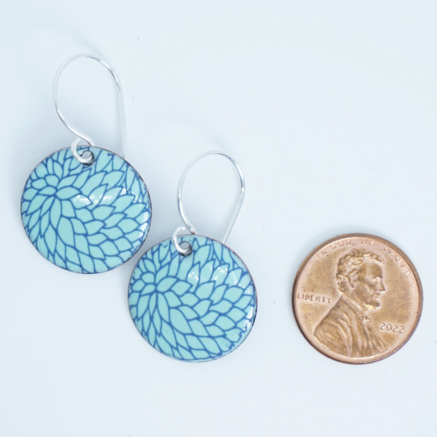 Blue Flower Accents on Seafoam Green Enamel Disc Earrings