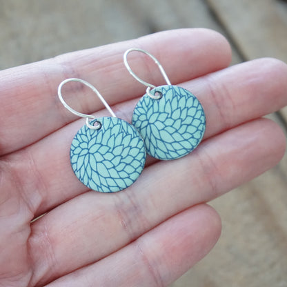 Blue Flower Accents on Seafoam Green Enamel Disc Earrings