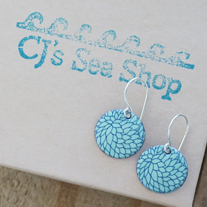 Blue Flower Accents on Seafoam Green Enamel Disc Earrings