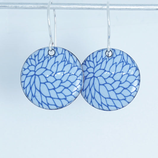 Blue Flower Accents on Light Blue Enamel Disc Earrings