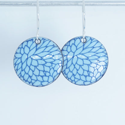 Blue Flower Accents on Light Blue Enamel Disc Earrings