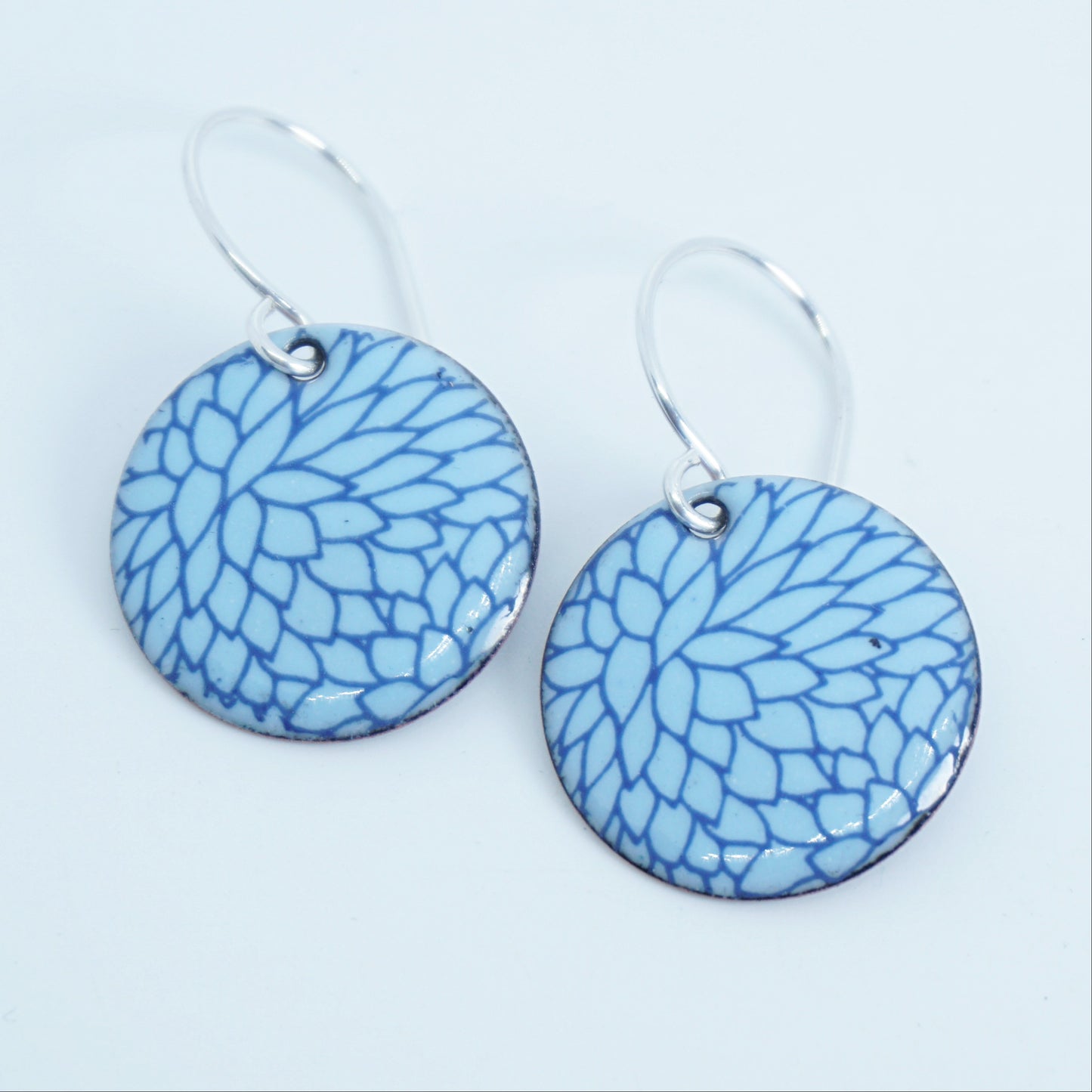 Blue Flower Accents on Light Blue Enamel Disc Earrings