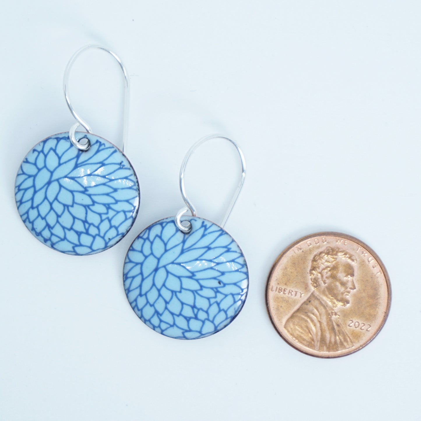 Blue Flower Accents on Light Blue Enamel Disc Earrings