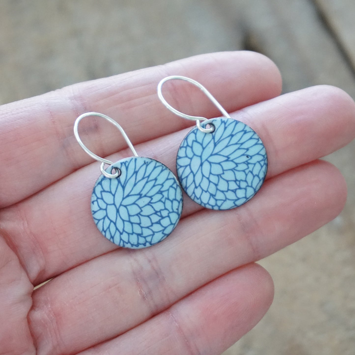 Blue Flower Accents on Light Blue Enamel Disc Earrings