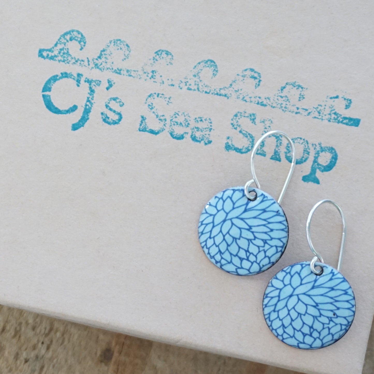 Blue Flower Accents on Light Blue Enamel Disc Earrings