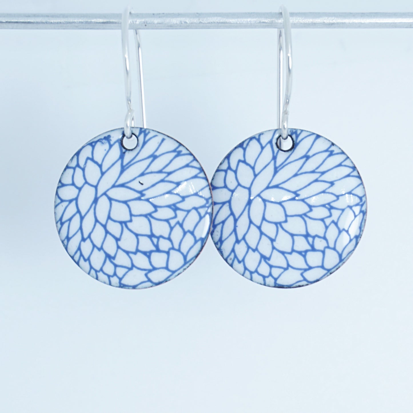 Blue Flower Accents on White Enamel Disc Earrings