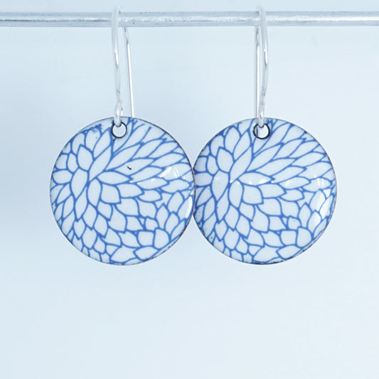 Blue Flower Accents on White Enamel Disc Earrings